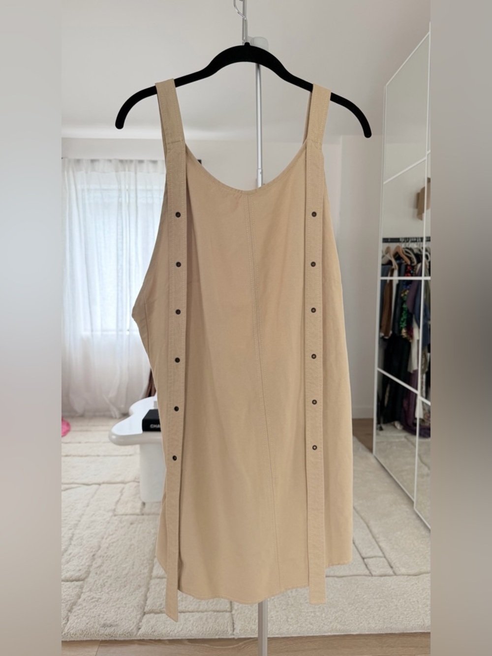 Beige Sleeveless Mini Dress with Button-Trim Straps